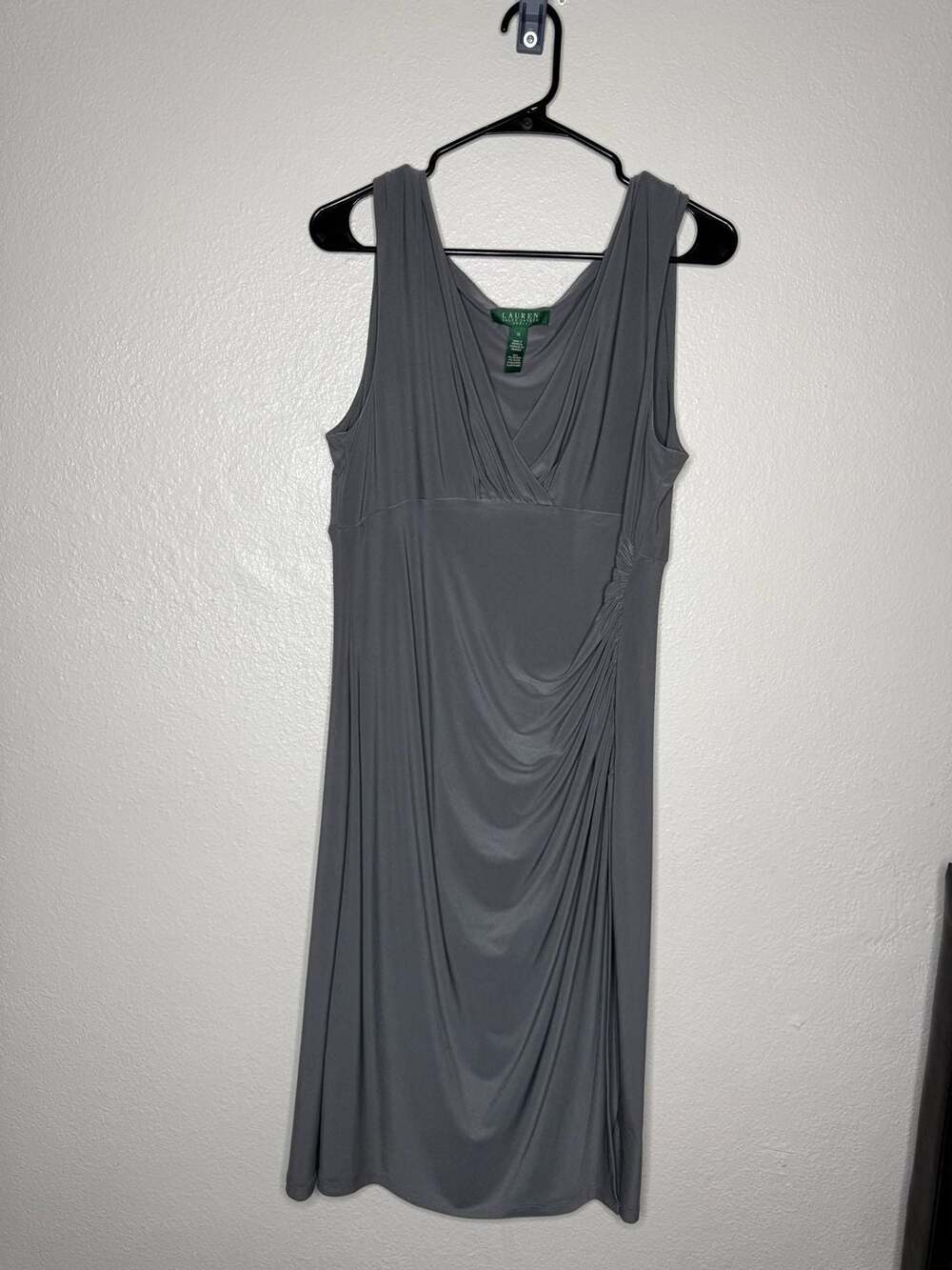 Lauren Ralph Lauren Women Gray Sleeveless Ruched V-Neck Midi Dress Size 14